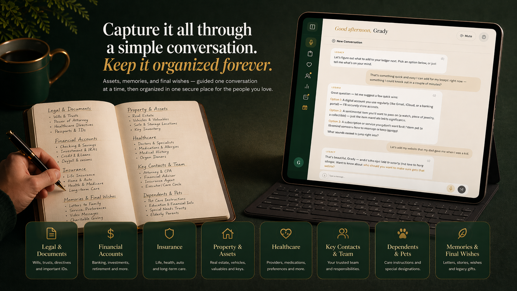Capture it all through a simple conversation. Keep it organized forever. — MyLifeLedger app showing estate categories and AI conversation.
