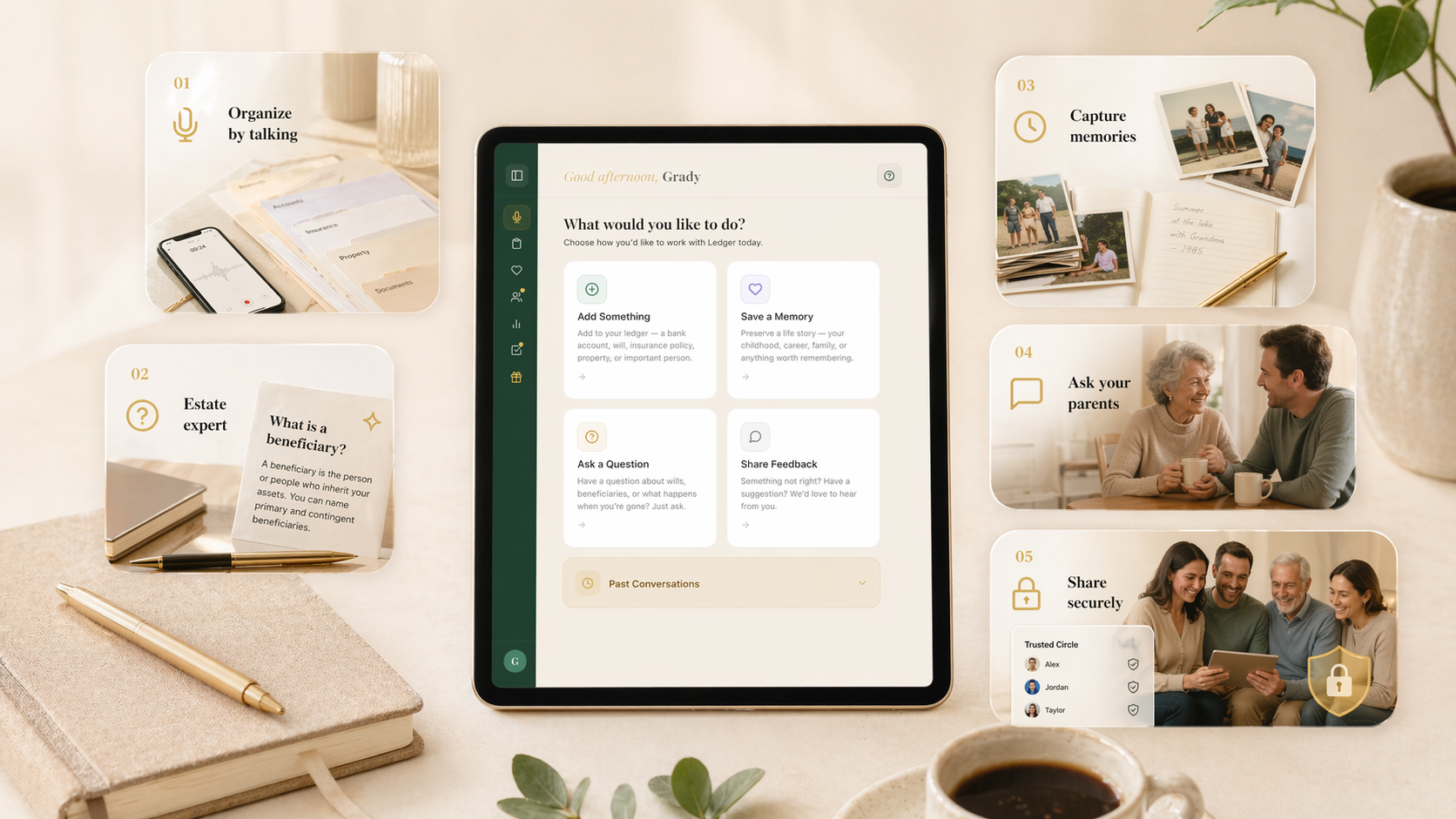 Ledger 2.0 features: Organize by talking, Estate expert, Capture memories, Ask your parents, Share securely