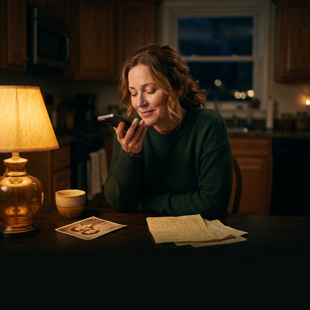 Woman recording voice memories at night with old family letters and photos