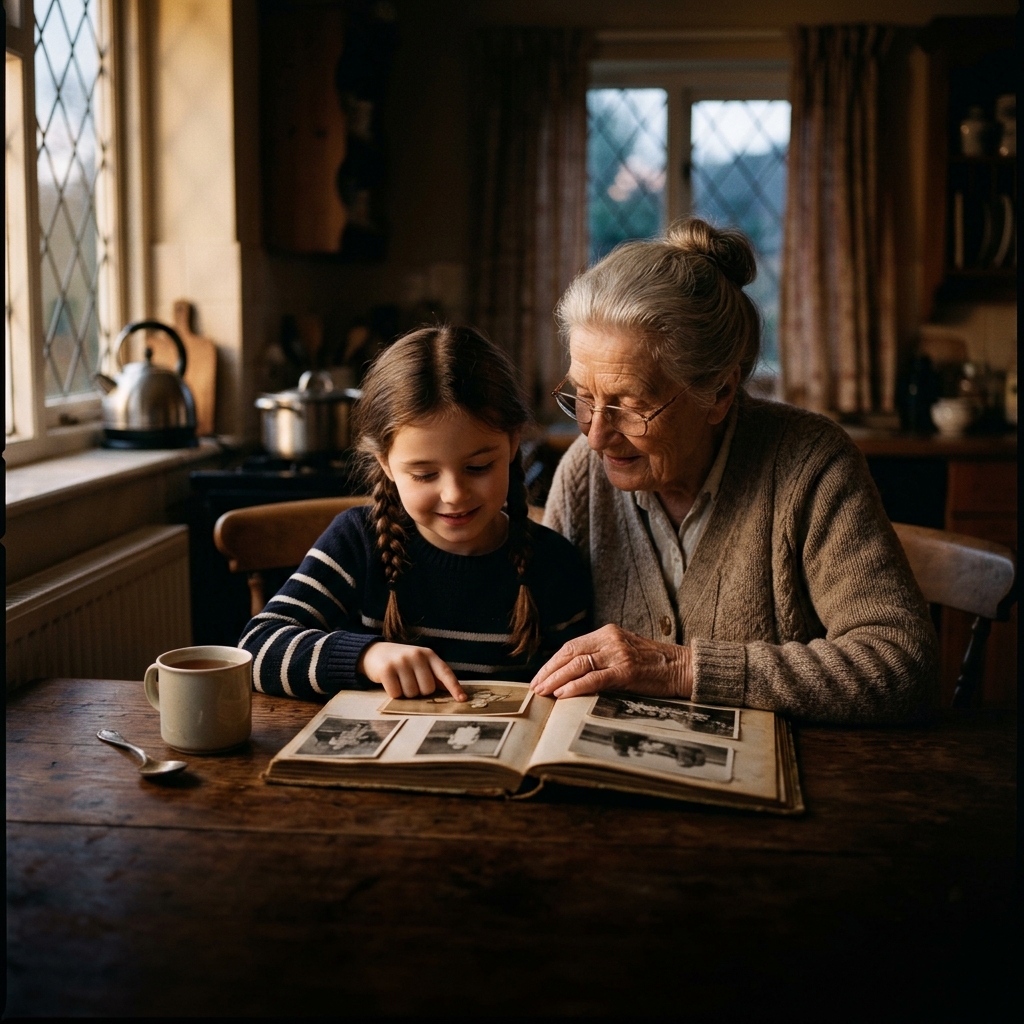 Grandmother and grandchild looking at family photos