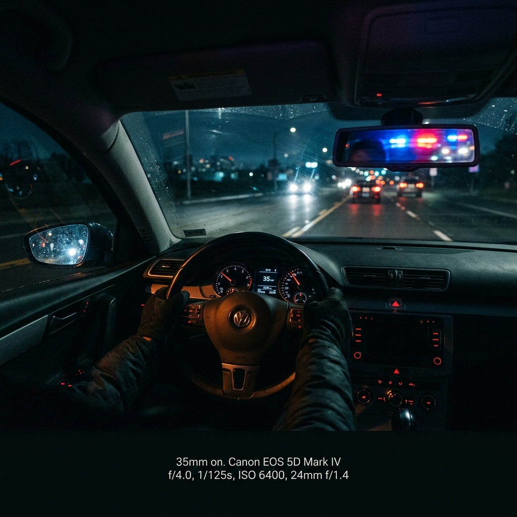 Pulled over at night with police lights in rearview mirror