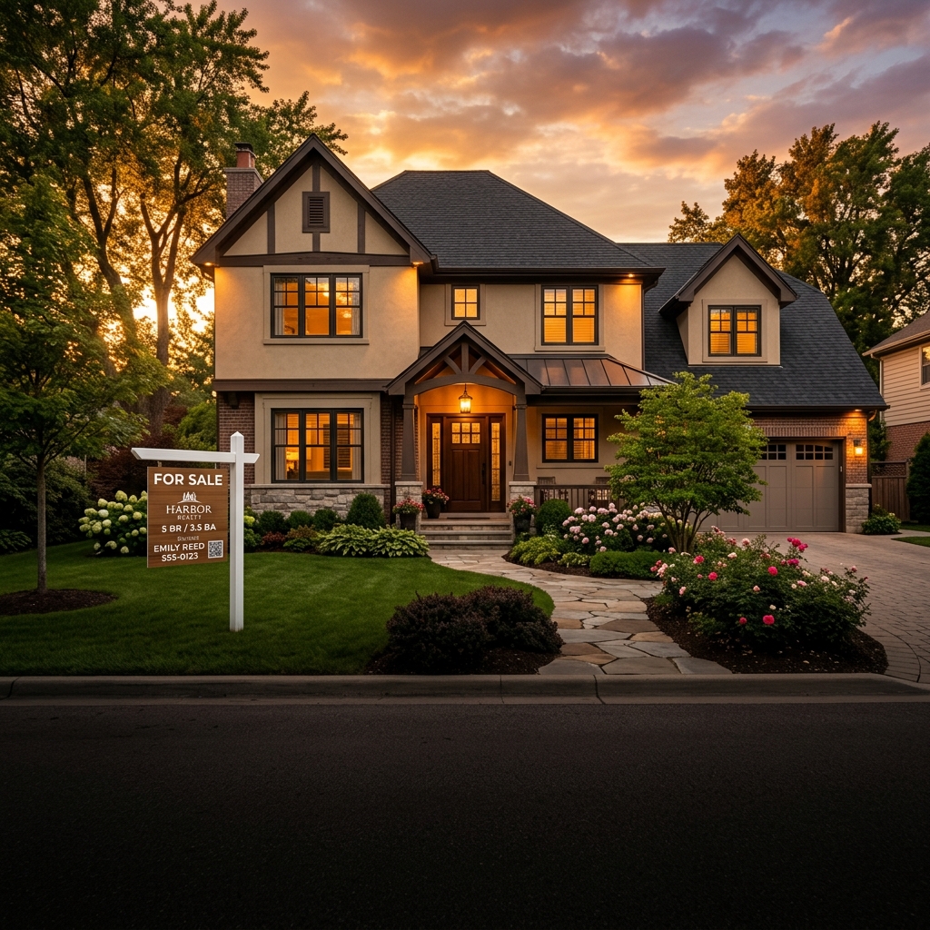 House for sale at golden hour sunset