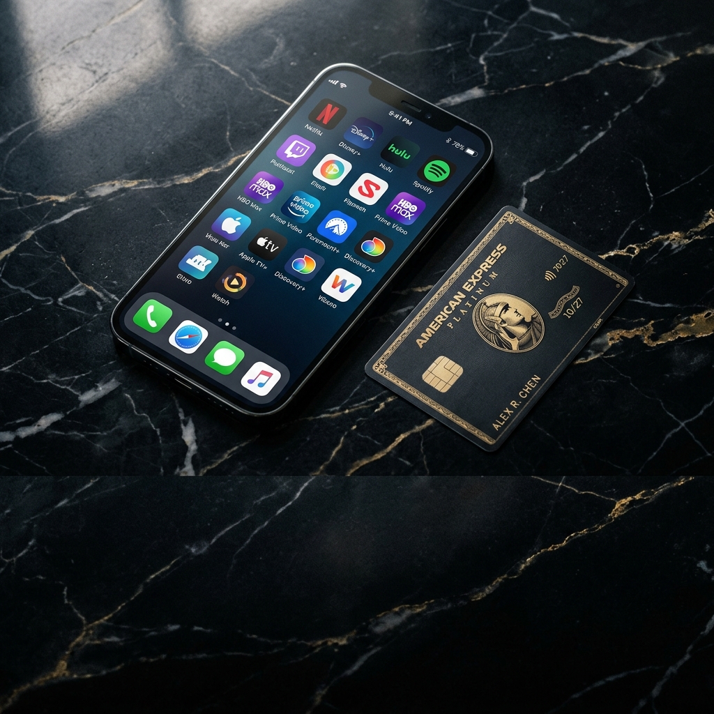 Smartphone with streaming apps and credit card